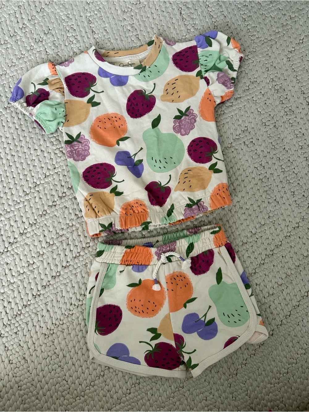 Girls Fruit Print Short Set - Cream with Orange, Green & Purple Fruits